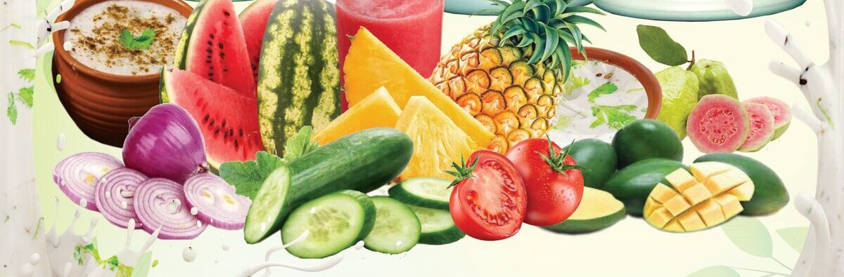 Buttermilk, watermelon, pineapple, cucumber, tomato, onion, guava and raw mango